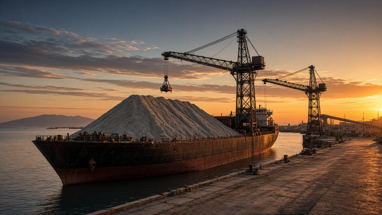 Bulk cargo terminal and vessel at a Mediterranean industrial port at dusk